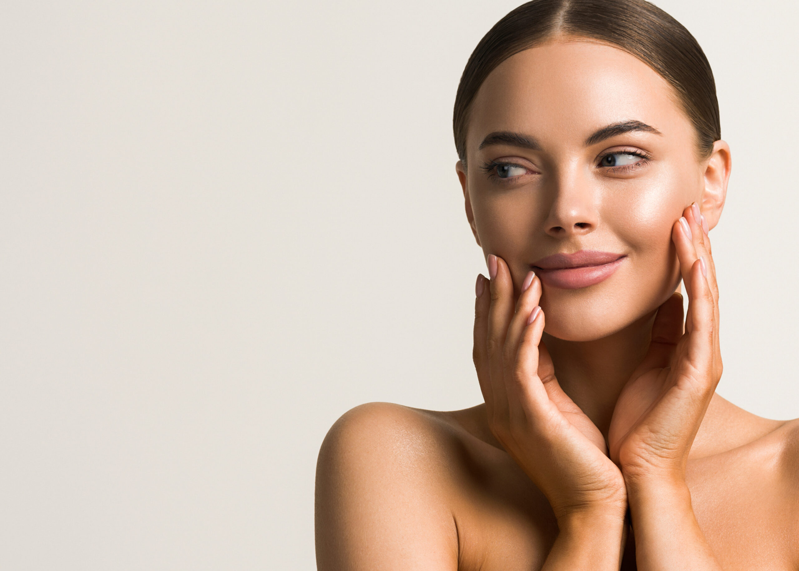 Beautiful woman portrait with manicure nails healthy skin natur